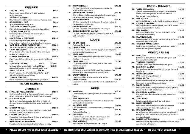 Shavans Indian Restaurant Menu Shavans Indian Restaurant Menu