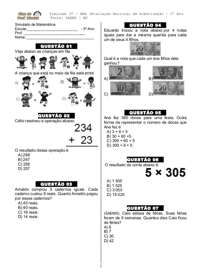 Simulado 7 ( 3º ano   mat - e.f) - (blog do prof. warles)