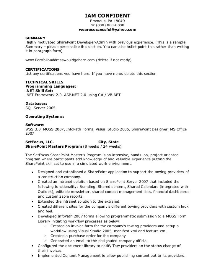 Sharepoint 2010 developer resume sample