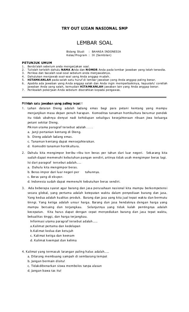 20 Soal Ujian Bahasa Indonesia Kelas 9