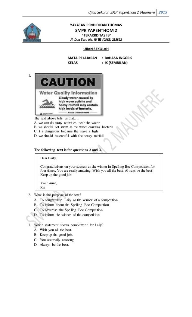 Soal ujian sekolah smp 2015