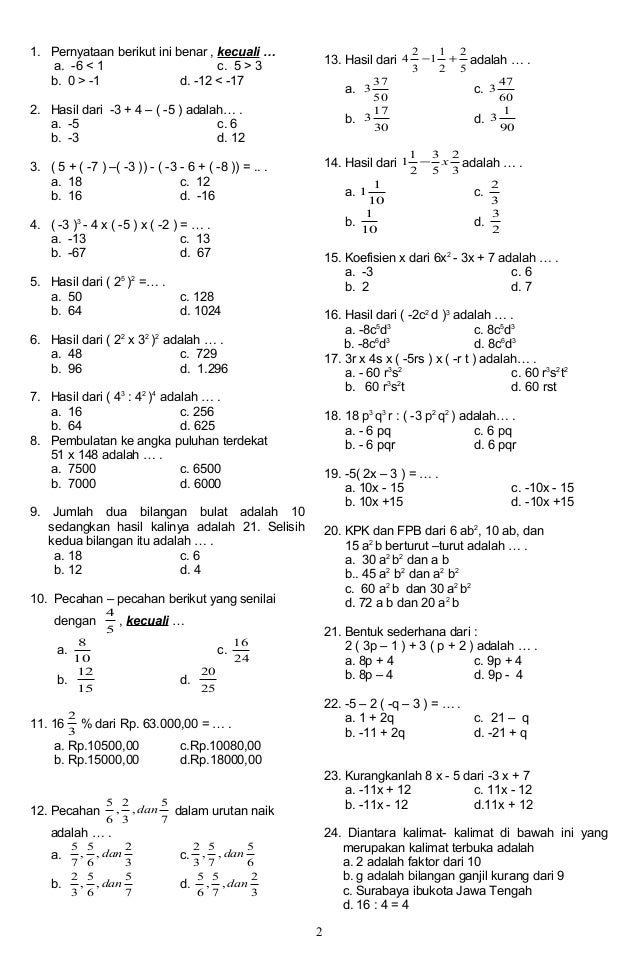 Soal ulangan umum semester i smp kelas vii matematika arini