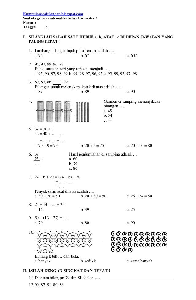 Soal uts genap matematika kelas i semeseter 2