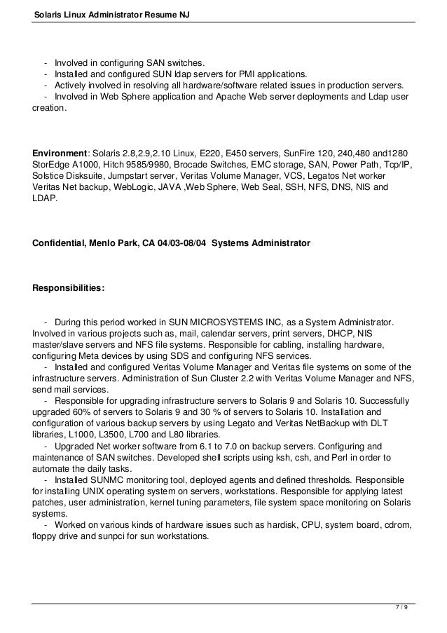 Infrastructure engineer solaris veritas resume