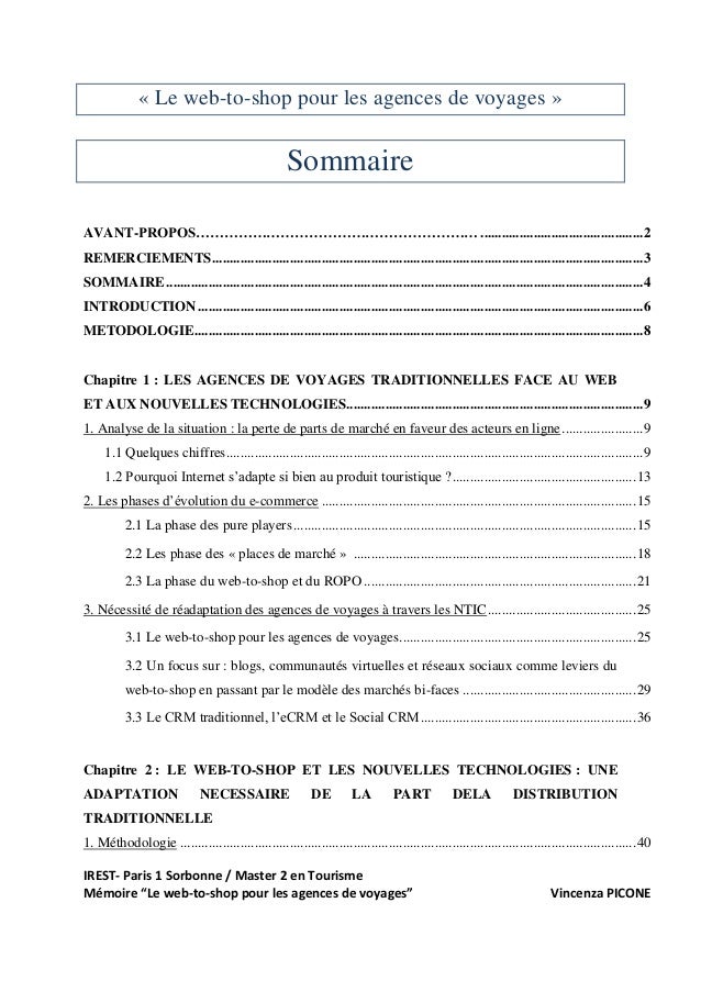Sommaire Mémoire "Le webtoshop pour les agences de voyages" PICONE,…