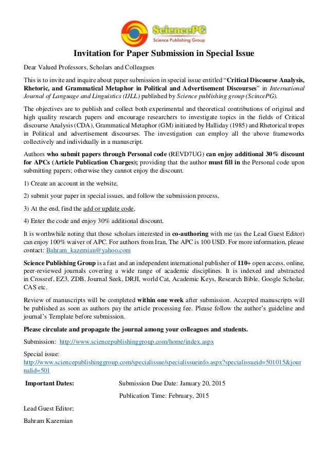 Invitation for Paper Submission in Special Issue in GM, CDA and Rheto…