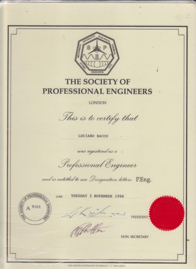 My Society of Professional Engineers Register Certificate