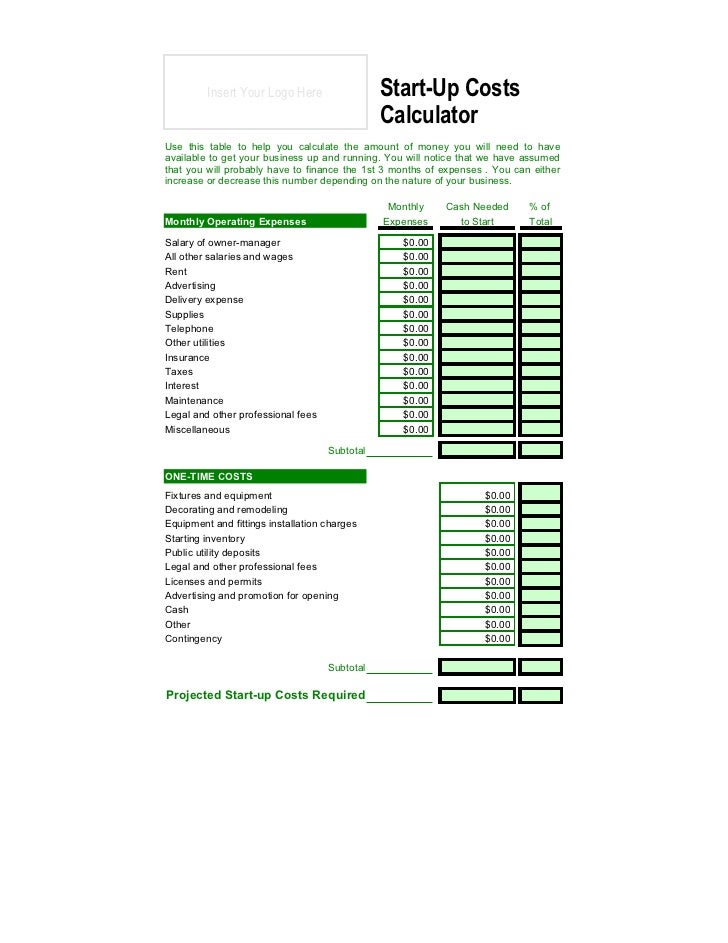 startup cost calculator spreadsheet calculator spreadsheet