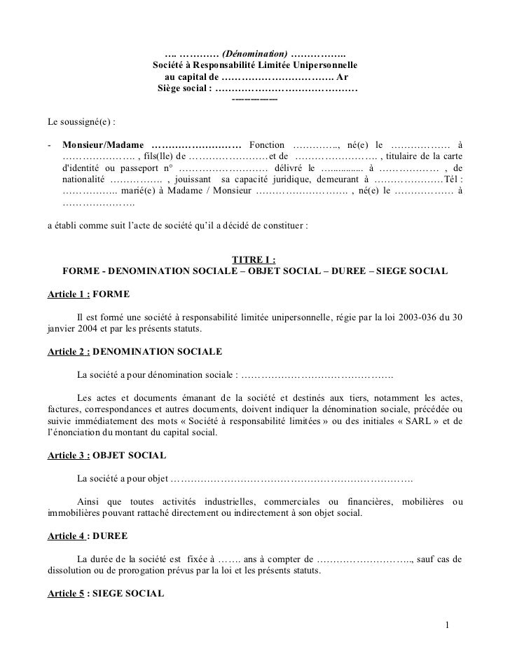 Statut S.A.R.L unipersonnelle