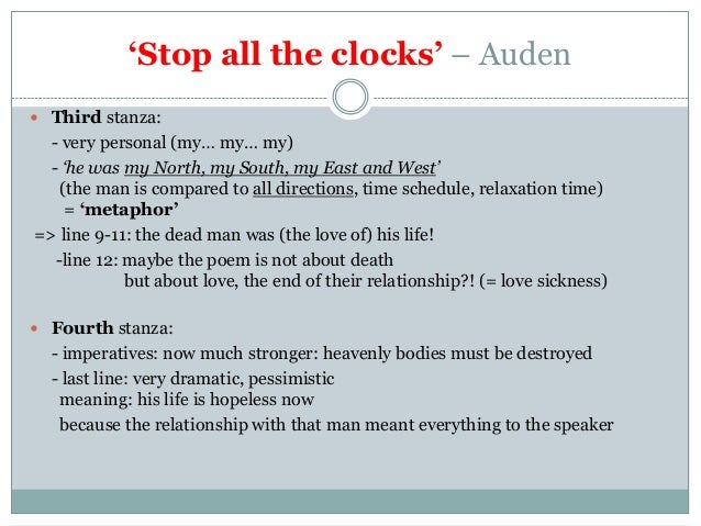an analysis of the poem stop all the clocks by w h auden W h auden's star rises with 'weddings' : britain is quite taken with one that poem, funeral blues, with its opening lines stop all the clocks, cut off itself, which opened a month ago to rave reviews and huge box office. an analysis of the poem stop all the clocks by w h auden W h auden's star rises with 'weddings' : britain is quite taken with one that poem, funeral blues, with its opening lines stop all the clocks, cut off itself, which opened a month ago to rave reviews and huge box office.