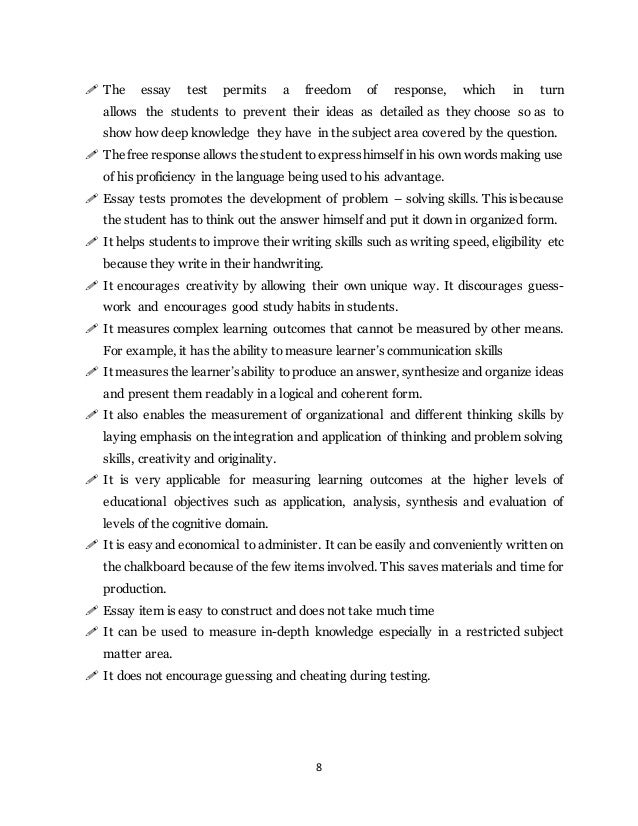 distinguished between essay and objective type test Read this article to learn about the merits and demerits of objective type test in school guidance services merits of objective type tests: this type of test items has the following merits. distinguished between essay and objective type test Read this article to learn about the merits and demerits of objective type test in school guidance services merits of objective type tests: this type of test items has the following merits.