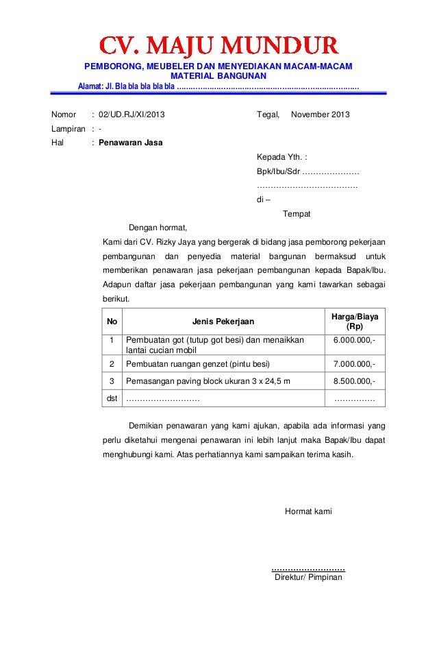 Contoh Surat Penawaran Harga Percetakan Surat G