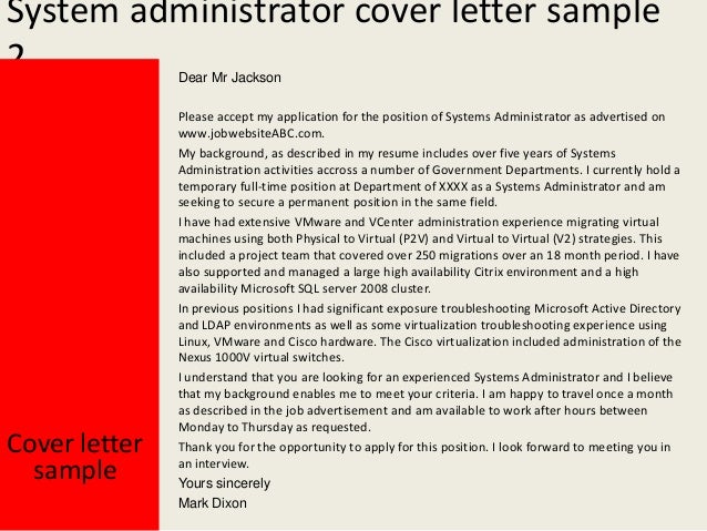 Junior systems administrator cover letter sample