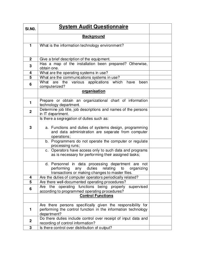 System Questionnaire Template