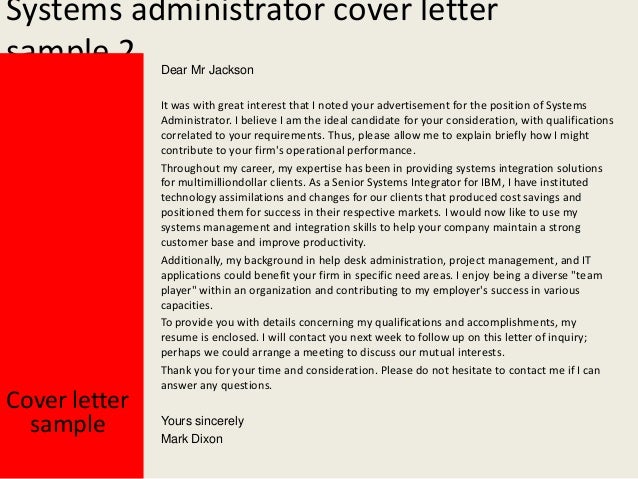 Senior systems administrator cover letter