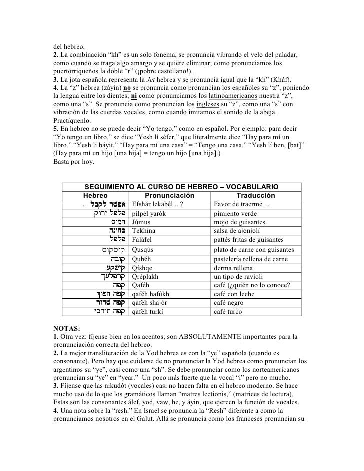 del hebreo.2. La combinación “kh” es un solo fonema, se pronuncia vibrando el velo del paladar,como cuando se traga algo a...