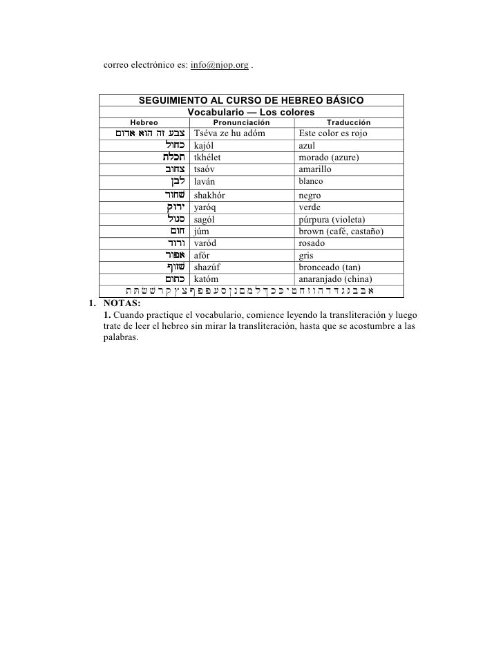 correo electrónico es: info@njop.org . SEGUIMIENTO AL CURSO DE HEBREO BÁSICO Vocabulario —...