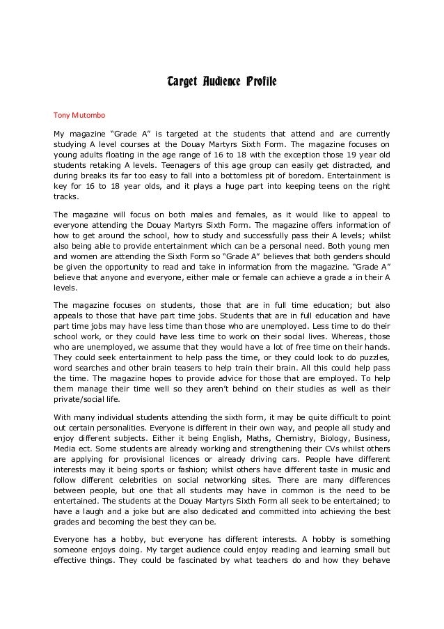 Target audience profile  mission statement a level media