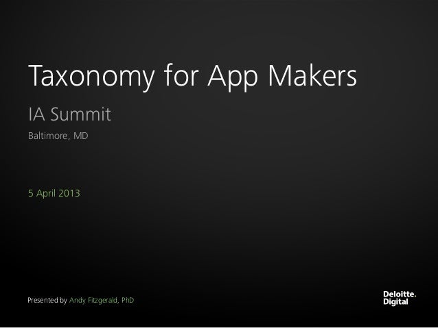 Taxonomy for App MakersIA SummitBaltimore, MD5 April 2013Presented by Andy Fitzgerald, PhD 