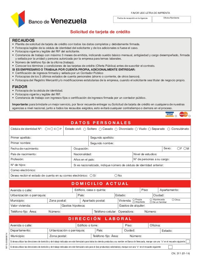 planilla para solicitar tarjeta de credito del banco venezolano de credito