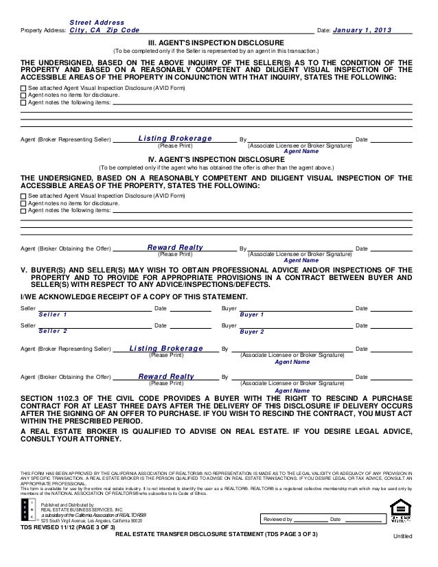 Residential real estate disclosure statement nkqoond