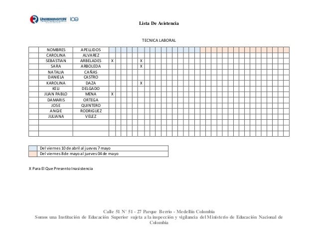 tecnica laboral formato lista de asistencia laboral
