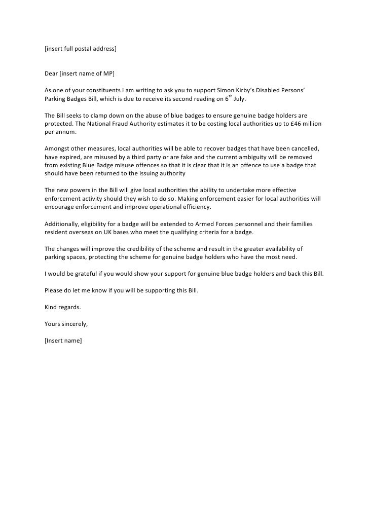 Template letter re disabled persons