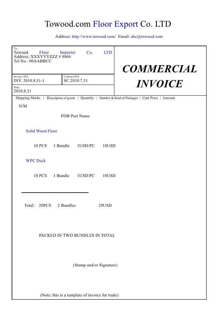 Template of commercial invoice for trade, export, import