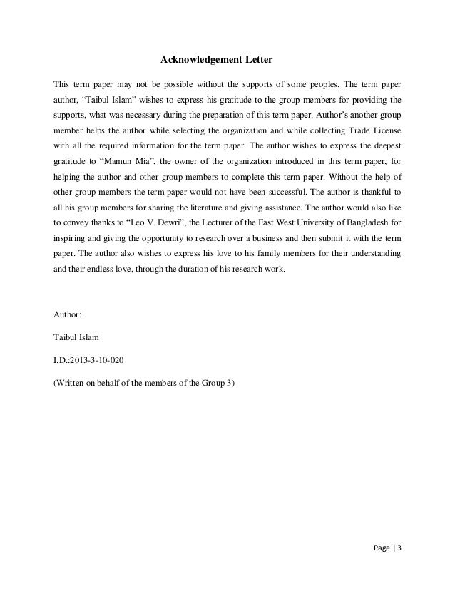 Acknowledgement for research paper