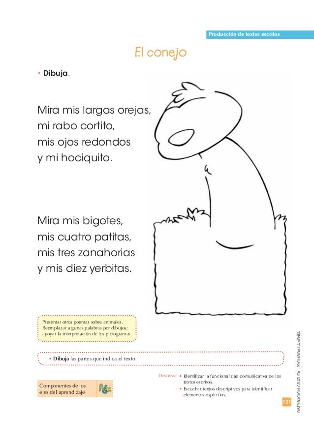 131 
DISTRIBUCIÓN GRATUITA - PROHIBIDA LA VENTA 
t Dibuja. 
El conejo 
Mira mis largas orejas, 
mi rabo cortito, 
mis ojos...
