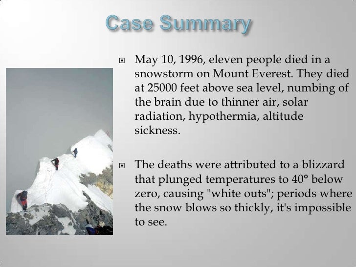 mount everest case study Case study analysis of mount everest-1996 mountains are not molehills scot crenshaw, ph - mt everest case study essay introduction d d nicie murphy, ph d michael sturdivant harding university abstract if mount everest were an empire, its motto would undoubtedly be “i shall not be conquered. mount everest case study Case study analysis of mount everest-1996 mountains are not molehills scot crenshaw, ph - mt everest case study essay introduction d d nicie murphy, ph d michael sturdivant harding university abstract if mount everest were an empire, its motto would undoubtedly be “i shall not be conquered.