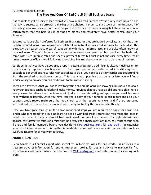 The Pros And Cons Of Bad Credit Small Business Loans