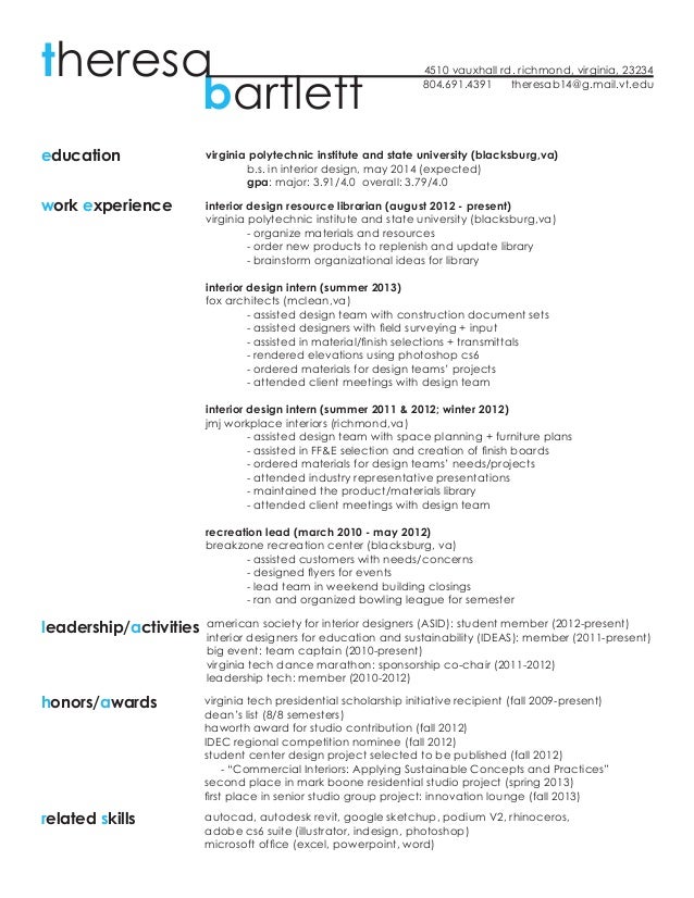 resume for interior designer