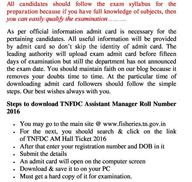 Tnfdc 2016 exam admit card download asst manager jobs roll number and result