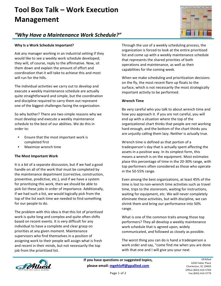 Tool Box Talk Why Have A Maintenance Work Schedule