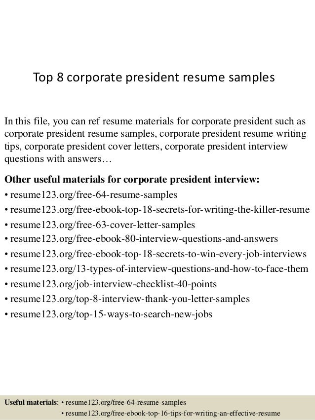 Corporate president resume