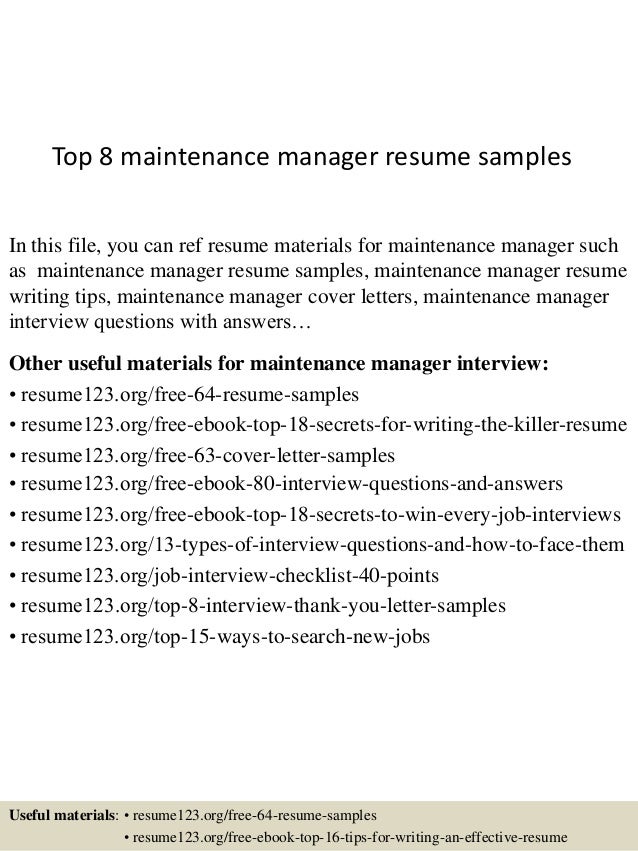 maintenance manager resume sample resume my career