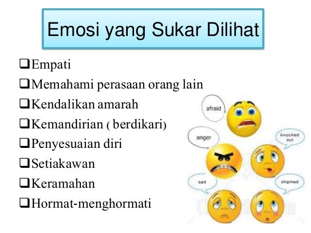 Emosi yang Sukar Dilihat
Empati
Memahami perasaan orang lain
Kendalikan amarah
Kemandirian ( berdikari)
Penyesuaian d...