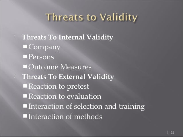 what do threats to validity have to do with training evaluation Threats to external validity a threat to external validity is an explanation of how you might be wrong in making a generalization generally. what do threats to validity have to do with training evaluation Threats to external validity a threat to external validity is an explanation of how you might be wrong in making a generalization generally.