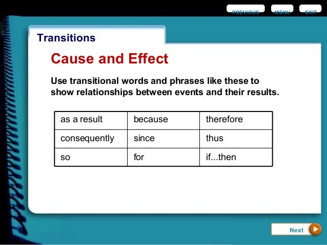 Transition words for cause and effect essay