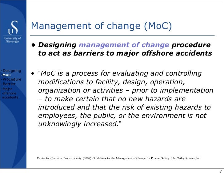 Designing management of change procedure to act as barriers to major
