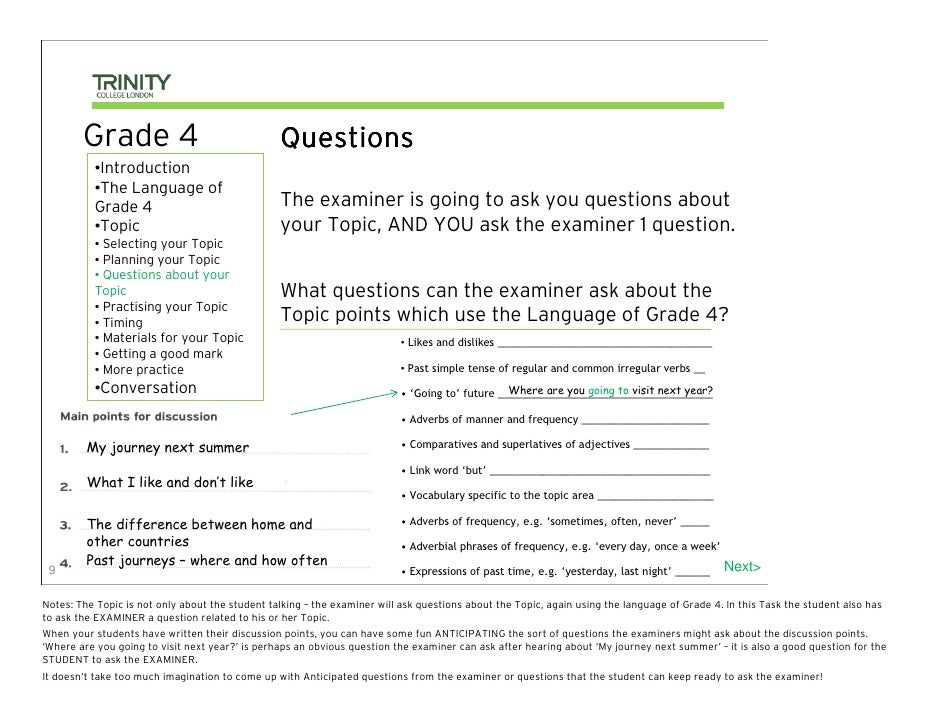 Trinity Grade 4 Topic Examples