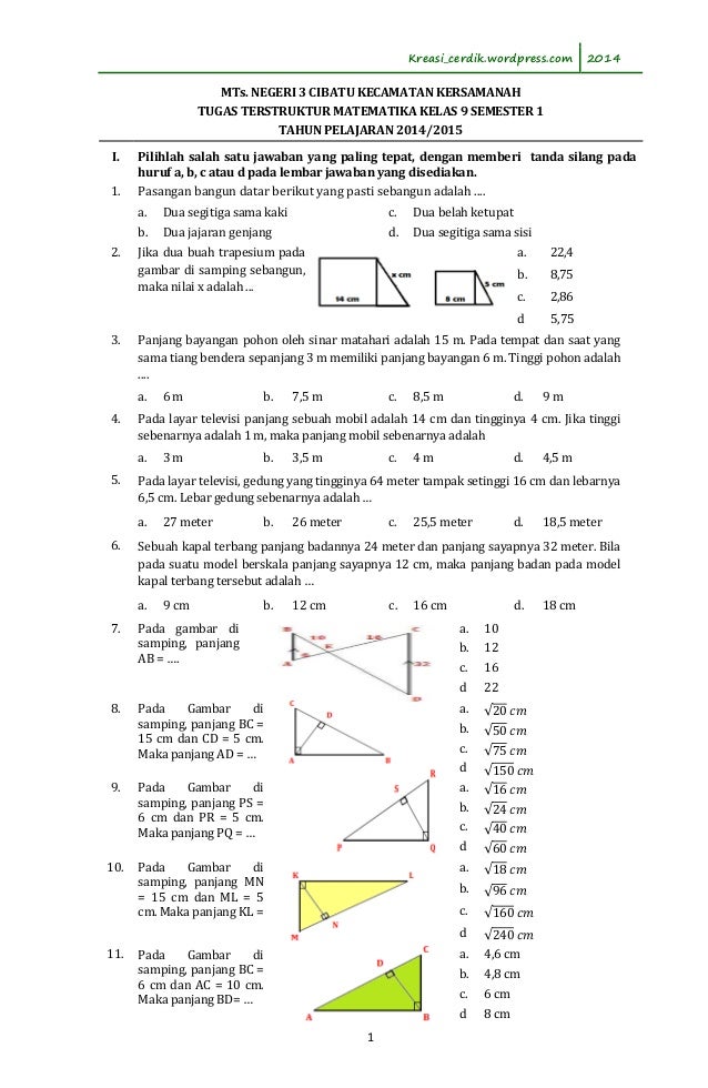 Tugas Terstruktur Matematika Kelas 9 Tentang Kesebangunan \u0026 Kongruensi