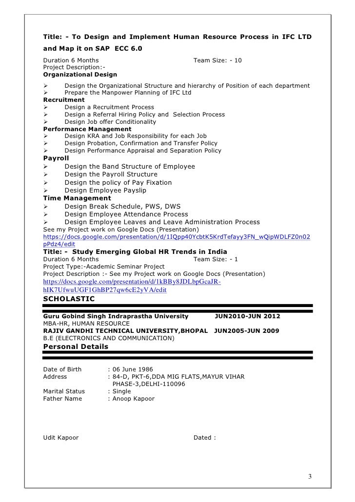 sap hr resume examples