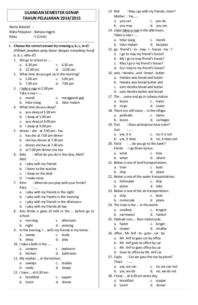 Soal Ulangan Bahasa Inggris Kelas 5 Semester 2 Dunia Sekolah ID Soal Ulangan Bahasa Inggris Kelas 5 Semester 2 Dunia Sekolah ID