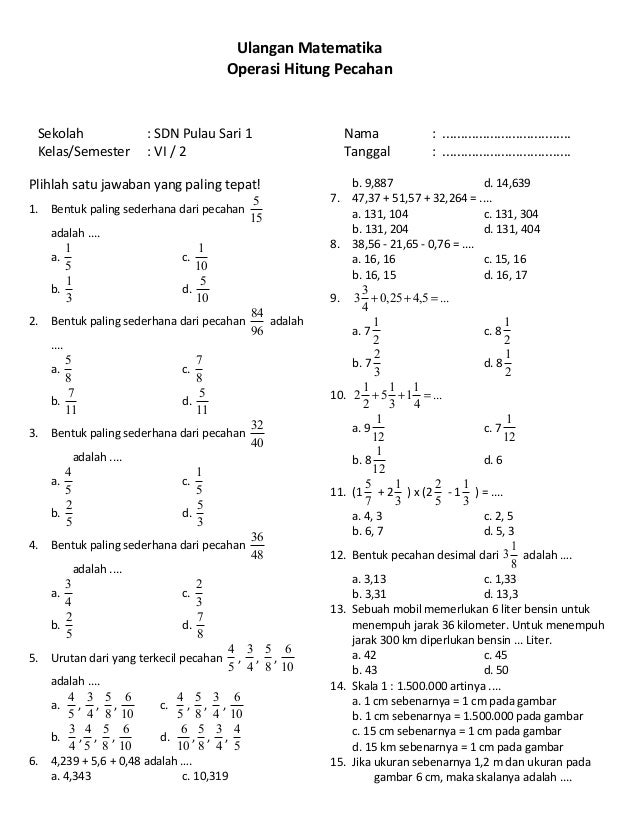 Ulangan Matematika Kelas VI Bab Pecahan