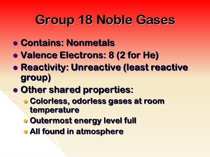 Group 18 Noble Gases Contains: Nonmetals Valence Electrons: 8 (2 for He) Reactivity: Unreactive (least reactive group)...