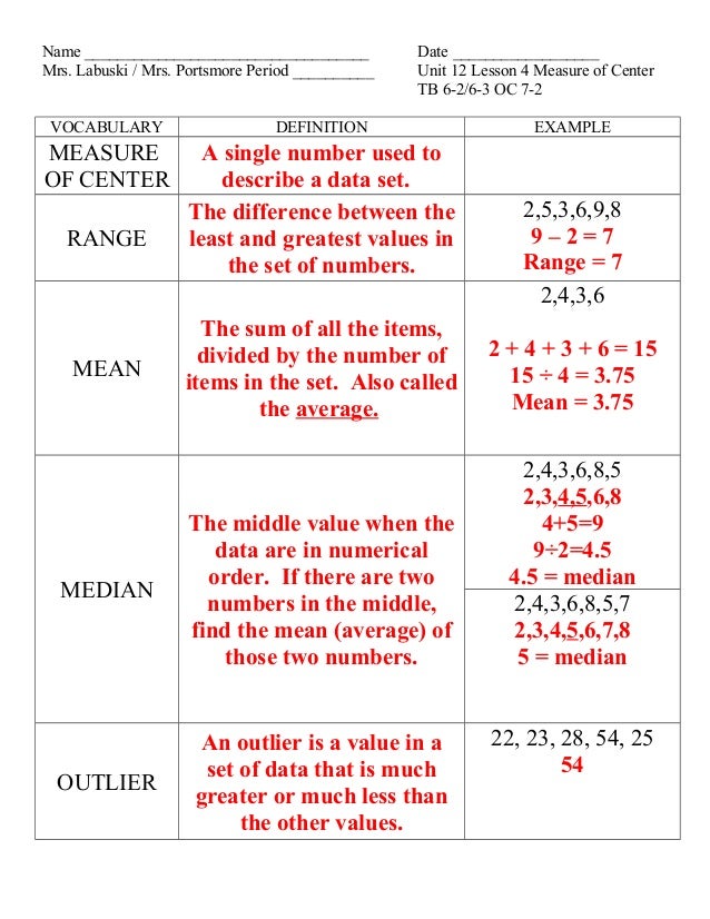 Unit 12 lesson 4 measures of center