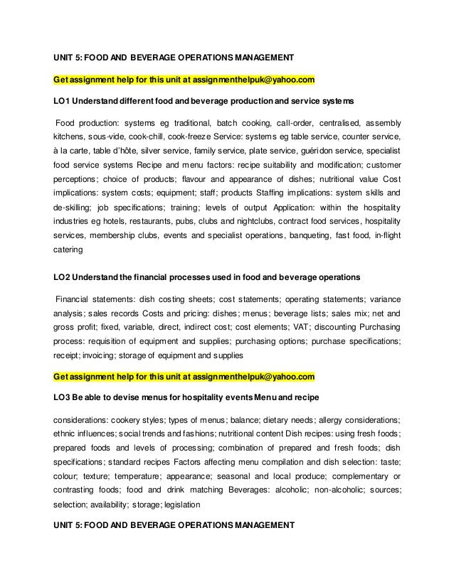 food and beverage operations assignment food and beverage operations assignment
