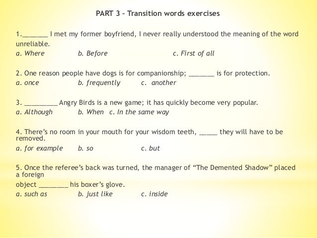 Transitions in essays exercises